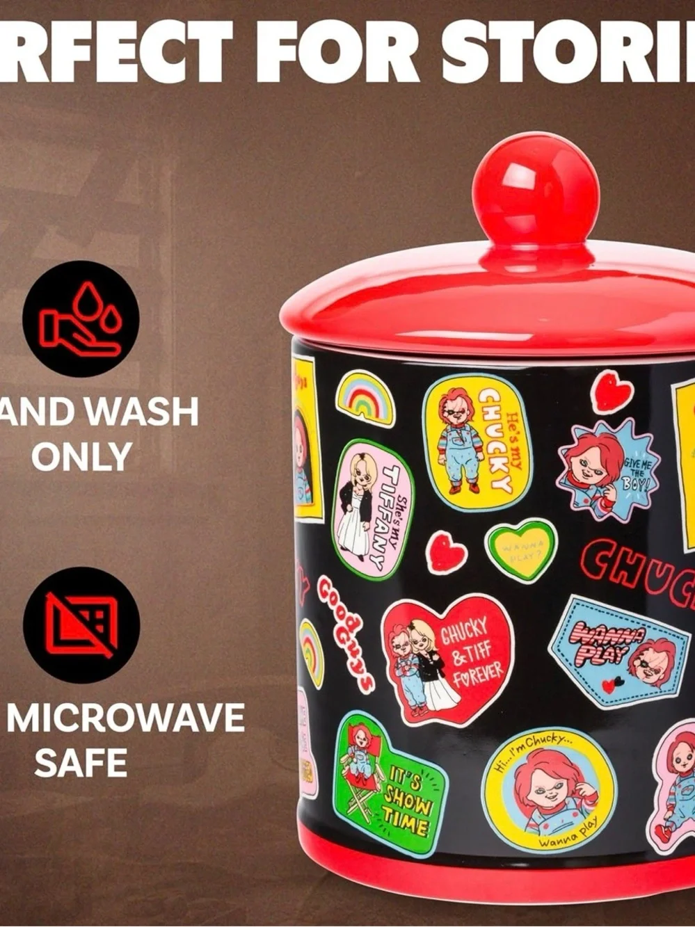 Chucky Sticker-Print Ceramic Jar with Red Lid